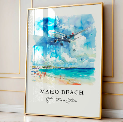 Maho Beach Wall Art, St. Maarten Print, Maho Beach Plane Watercolor, Saint Maarten Gift, Travel Print, Travel Poster, Housewarming Gift