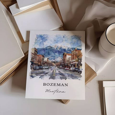 Bozeman Montana Wall Art, Bozeman Print, Bozeman MT Watercolor, Bozeman Ski Gift, Travel Print, Travel Poster, Housewarming Gift