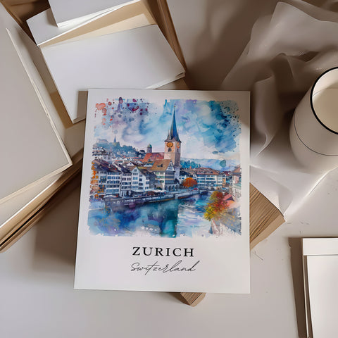 Zurich Watercolor Art, Switzerland Print, Zurich Wall Art, Swiss Art Gift, Travel Print, Travel Poster, Travel Gift, Housewarming Gift