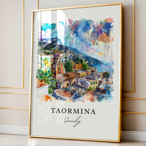 Taormina Watercolor Art, Sicily Print, Taormina Wall Art, Italy Gift, Travel Print, Travel Poster, Travel Gift, Housewarming Gift