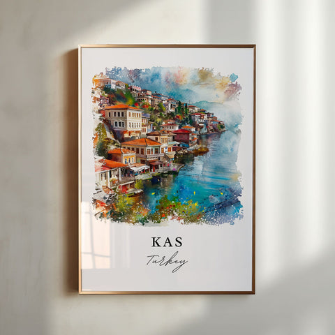 Kas Turkey Wall Art, Kas Print, Kas Coastal Town Watercolor, Bougainvillea flowers, Travel Print, Travel Poster, Housewarming Gift