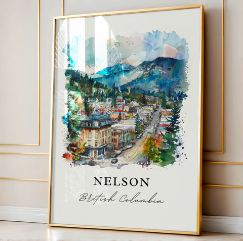 Nelson BC Wall Art, Nelson British Columbia Print, Nelson Watercolor, Selkirk Mountains Gift, Travel Print, Travel Poster, Housewarming Gift