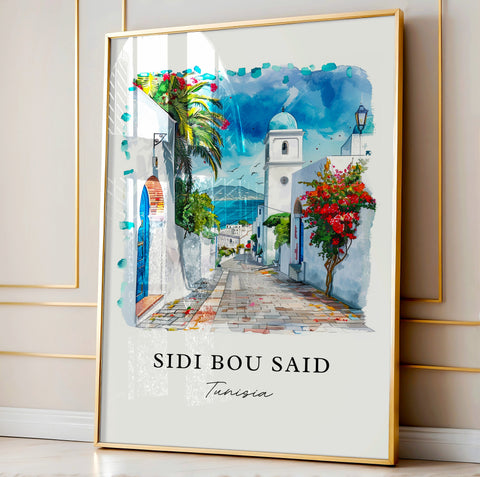 Sidi Bou Said Wall Art, Tunisia Print, Sidi Bou Said Watercolor, Tunisia Gift, Travel Print, Travel Poster, Housewarming Gift