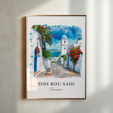 Sidi Bou Said Wall Art, Tunisia Print, Sidi Bou Said Watercolor, Tunisia Gift, Travel Print, Travel Poster, Housewarming Gift
