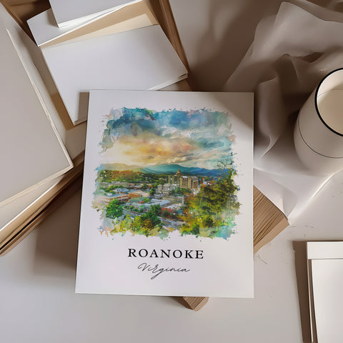 Roanoke VA Wall Art, Roanoke Print, Roanoke Virginia Watercolor, Roanoke Virginia Gift, Travel Print, Travel Poster, Housewarming Gift