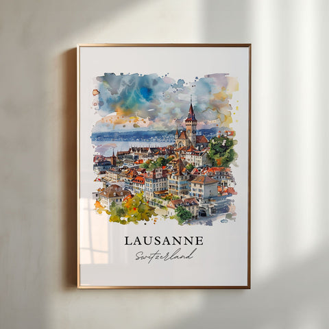 Lausanne Wall Art, Lausanne Switzerland Print, Lake Geneva Watercolor, Vaud Switzerland Gift, Travel Print, Travel Poster, Housewarming Gift