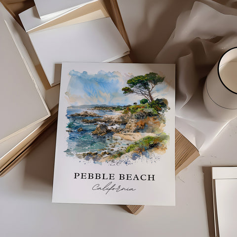 Pebble Beach Wall Art, Pebble Beach CA Print, Monterey CA Watercolor, Pebble Beach Gift, Travel Print, Travel Poster, Housewarming Gift