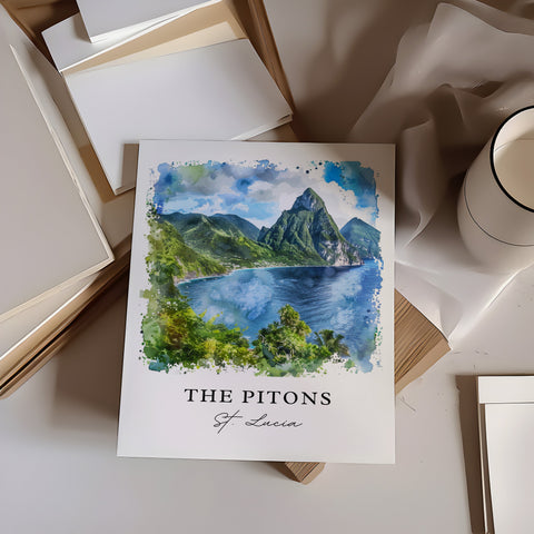 The Pitons St. Lucia Wall Art, Pitons Print, Saint Lucia Watercolor, St Lucia Gift, Travel Print, Travel Poster, Housewarming Gift