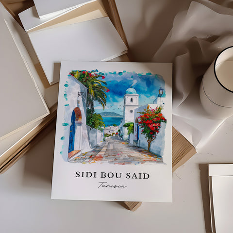 Sidi Bou Said Wall Art, Tunisia Print, Sidi Bou Said Watercolor, Tunisia Gift, Travel Print, Travel Poster, Housewarming Gift