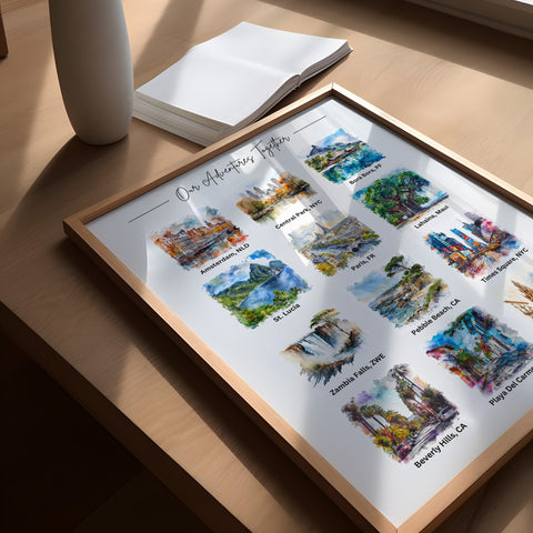 a wooden table with a picture of a city on it
