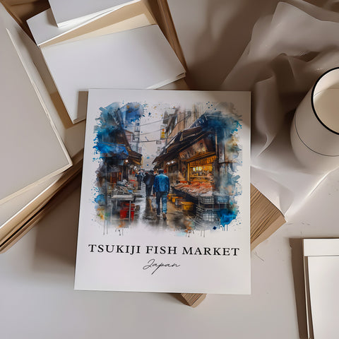 Tsukiji Fish Market Art, Tsukiji Print, Chuo Tokyo Japan Watercolor, Tokyo Japan Gift, Travel Print, Travel Poster, Housewarming Gift