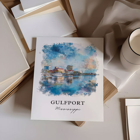 Gulfport Mississippi Wall Art, Gulfport MS Print, Gulfport Beach Watercolor, Gulfport Gift, Travel Print, Travel Poster, Housewarming Gift