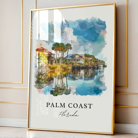 Palm Coast FL Wall Art, Palm Coast Print, Palm Coast Florida Watercolor, Flagler County Gift, Travel Print, Travel Poster, Housewarming Gift