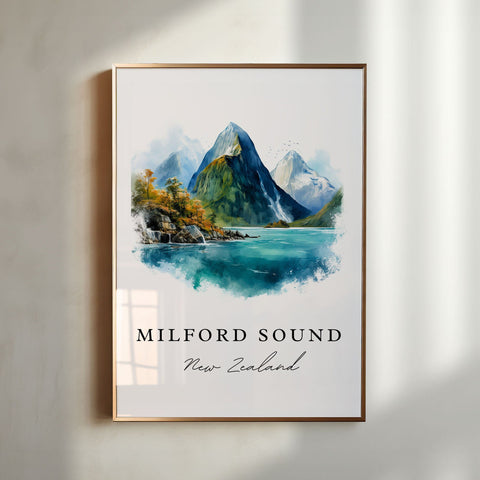 Milford Sound traditional travel art - New Zealand, Milford Sound poster print, Wedding gift, Birthday present, Custom Text, Perfect Gift