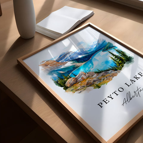 Peyto Lake traditional travel art - Alberta, Peyto Lake poster print, Wedding gift, Birthday present, Custom Text, Perfect Gift