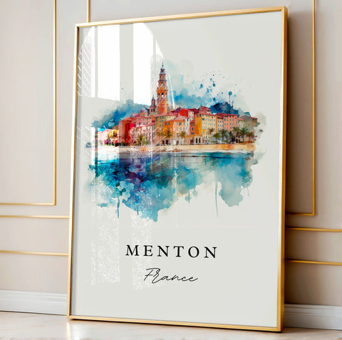 Menton traditional travel art - France, Menton poster print, Wedding gift, Birthday present, Custom Text, Perfect Gift