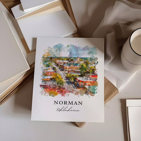 Norman Oklahoma Wall Art, Norman Print, Norman OK Watercolor, Norman Oklahoma Gift, Travel Print, Travel Poster, Housewarming Gift