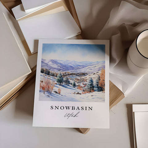 Snowbasin traditional travel art - Utah, Snowbasin poster print, Wedding gift, Birthday present, Custom Text, Perfect Gift