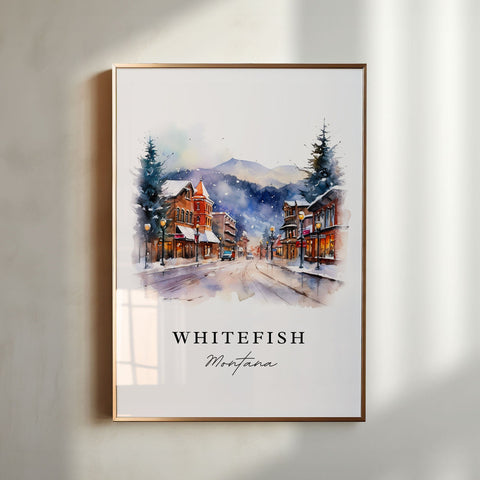 Whitefish traditional travel art - Montana, Whitefish poster print, Wedding gift, Birthday present, Custom Text, Perfect Gift