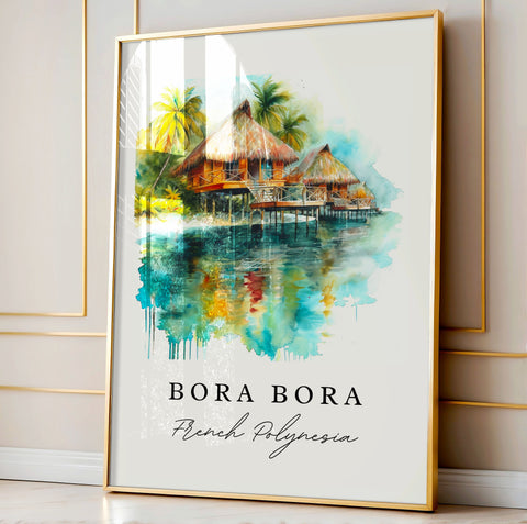 Bora Bora traditional travel art - French Polynesia, Bora Bora print, Wedding gift, Birthday present, Custom Text, Perfect Gift