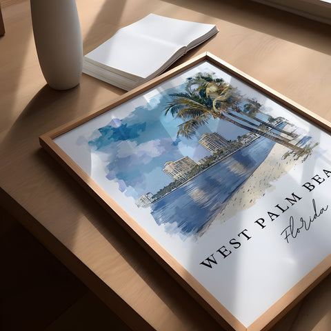 West Palm Beach watercolor travel art - Florida, Palm Beach print, Wedding gift, Birthday present, Custom Text, Perfect Gift