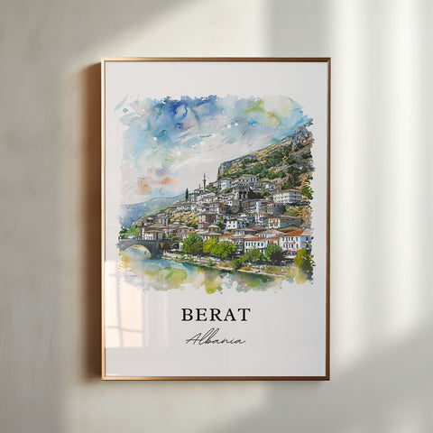 Berat Albania Wall Art, Berat Print, Berat Albania Watercolor, Berat Albania Gift, Travel Print, Travel Poster, Housewarming Gift