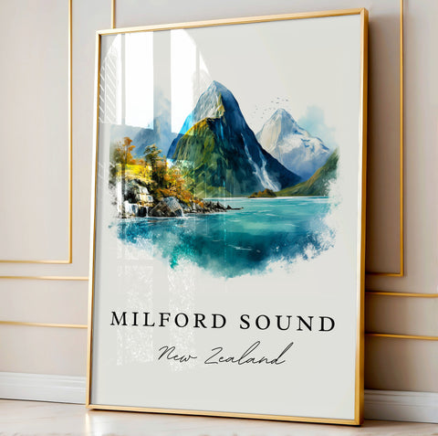 Milford Sound traditional travel art - New Zealand, Milford Sound poster print, Wedding gift, Birthday present, Custom Text, Perfect Gift
