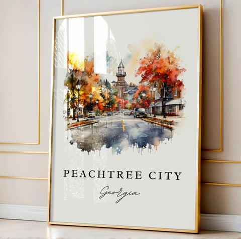PeachTree City traditional travel art - Georgia, Peachtree City poster print, Wedding gift, Birthday present, Custom Text, Perfect Gift
