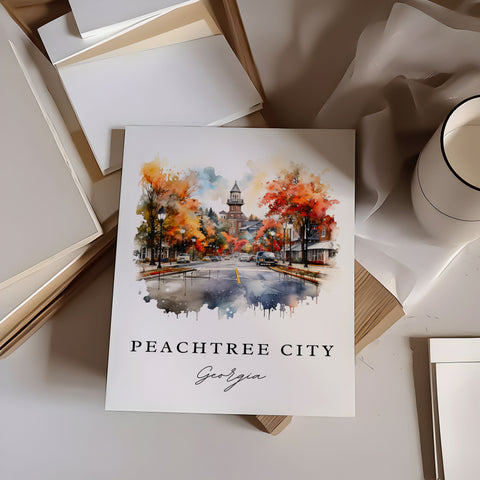 PeachTree City traditional travel art - Georgia, Peachtree City poster print, Wedding gift, Birthday present, Custom Text, Perfect Gift