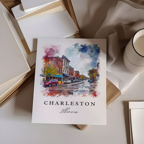 Charleston Illinois traditional travel art - IL, Charleston print, Wedding gift, Birthday present, Custom Text, Perfect Gift
