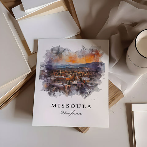 Missoula MT traditional travel art - Montana, Missoula print, Wedding gift, Birthday present, Custom Text, Perfect Gift