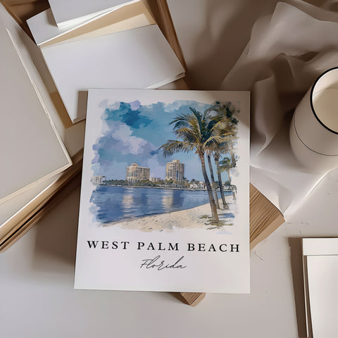 West Palm Beach watercolor travel art - Florida, Palm Beach print, Wedding gift, Birthday present, Custom Text, Perfect Gift