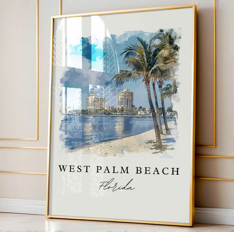 West Palm Beach watercolor travel art - Florida, Palm Beach print, Wedding gift, Birthday present, Custom Text, Perfect Gift