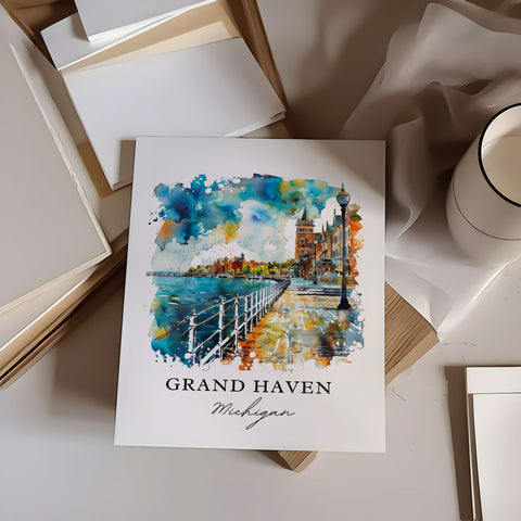 Grand Haven MI Art, Grand Haven Print, Grand Haven Watercolor, Grand Haven Michigan Gift, Travel Print, Travel Poster, Housewarming Gift