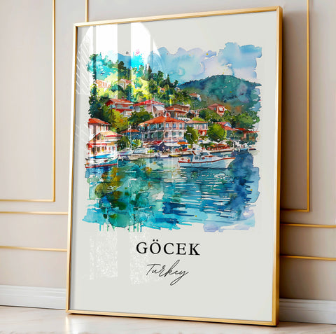 Gocek Turkey Art, Fethiye Turkey Print, Gocek Watercolor, Mugla Province Gift, Travel Print, Travel Poster, Housewarming Gift