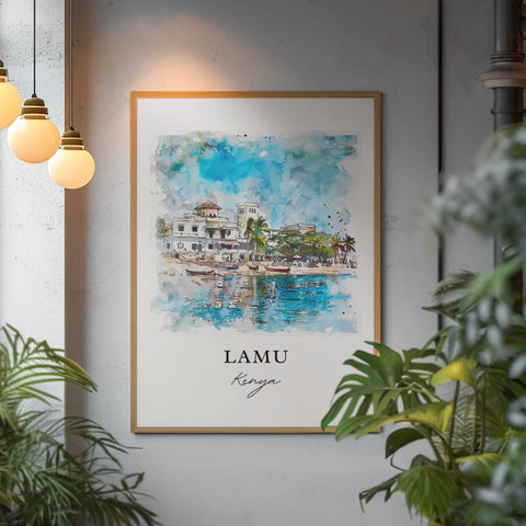 Lamu Kenya Wall Art, Lamu Print, Lamu Island Watercolor, Kenya Art Gift, Travel Print, Travel Poster, Housewarming Gift