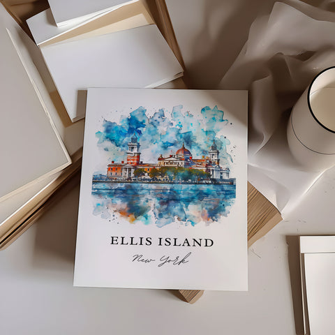 Ellis Island NY Art, Ellis Island Print, Statue of Liberty Watercolor Art, Ellis Island Gift, Travel Print, Travel Poster, Housewarming Gift