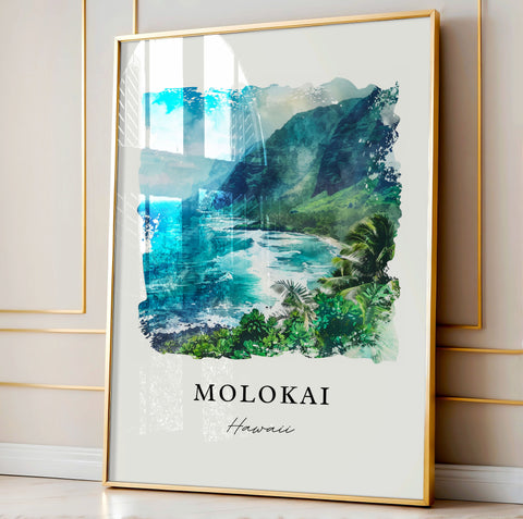 Molokai Hawaii Wall Art, Molokai Print, Molokai Watercolor Art, Hawaiian Islands Gift, Travel Print, Travel Poster, Housewarming Gift