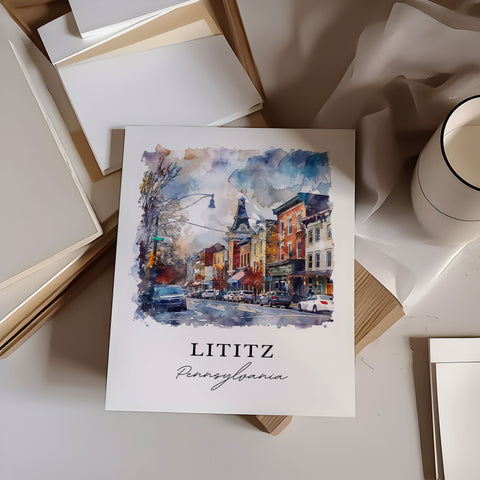 Lititz PA Wall Art, Lancaster County Print, Lititz Watercolor, Lititz Pennsylvania Gift, Travel Print, Travel Poster, Housewarming Gift