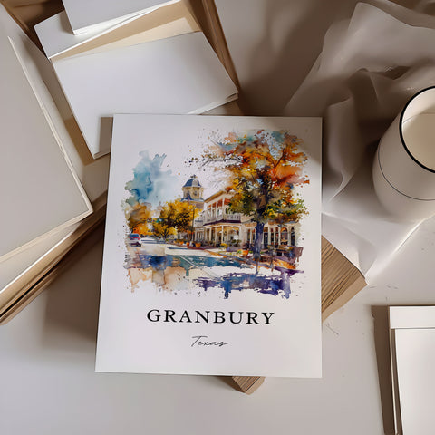 Granbury TX Wall Art, Granbury Print, Granbury Texas Watercolor Art, Hood County Texas Gift, Travel Print, Travel Poster, Housewarming Gift