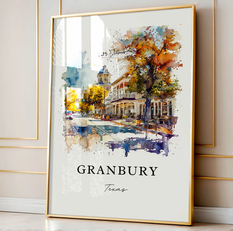 Granbury TX Wall Art, Granbury Print, Granbury Texas Watercolor Art, Hood County Texas Gift, Travel Print, Travel Poster, Housewarming Gift