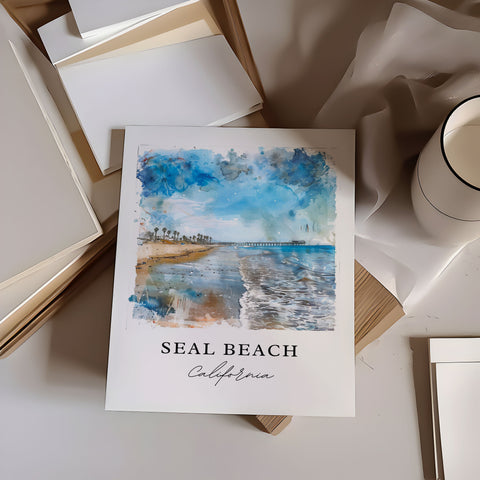 Seal Beach CA Art, Seal Beach Print, Orange County Watercolor, Seal Beach California Gift, Travel Print, Travel Poster, Housewarming Gift