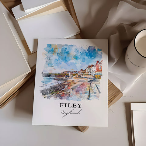 Filey England Wall Art, Filey UK Print, North Yorkshire Watercolor Art, Filey England Gift, Travel Print, Travel Poster, Housewarming Gift