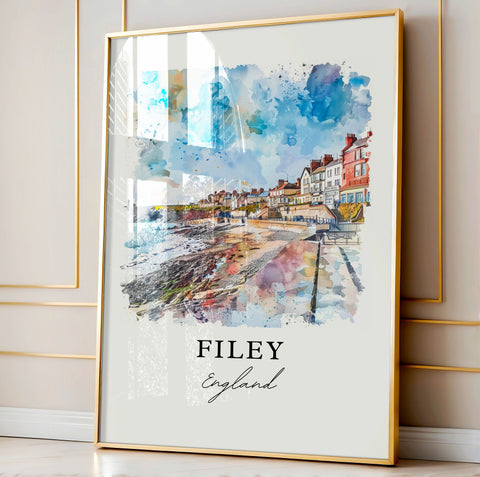 Filey England Wall Art, Filey UK Print, North Yorkshire Watercolor Art, Filey England Gift, Travel Print, Travel Poster, Housewarming Gift