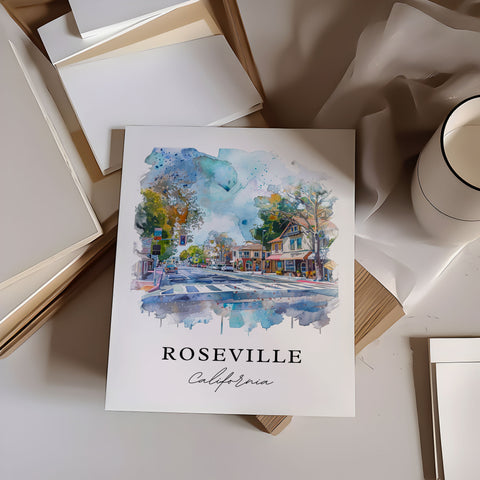 Roseville CA Art, Placer County CA Print, Roseville Watercolor Art, Sacramento Cali Gift, Travel Print, Travel Poster, Housewarming Gift