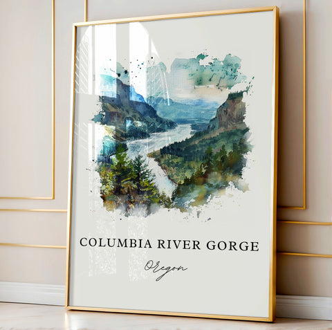 Columbia River Gorge Art, Oregon Print, Cascade Region OR Watercolor, Columbia River OR Gift, Travel Print, Travel Poster, Housewarming Gift