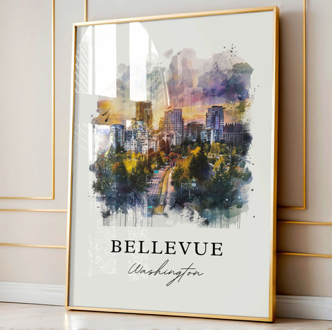 Bellevue WA Wall Art, Bellevue Print, Lake Washington Watercolor Art, Bellevue WA Gift, Travel Print, Travel Poster, Housewarming Gift