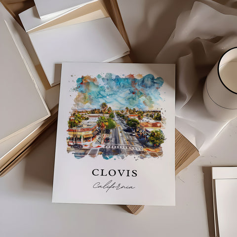 Clovis California Art, Clovis CA Print, Clovis Watercolor Art, Fresno County Cali Gift, Travel Print, Travel Poster, Housewarming Gift