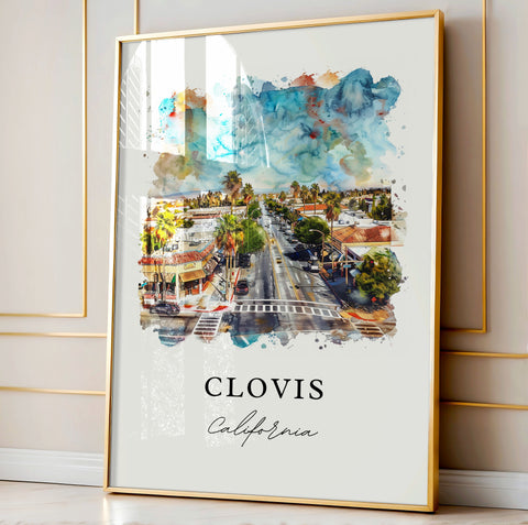 Clovis California Art, Clovis CA Print, Clovis Watercolor Art, Fresno County Cali Gift, Travel Print, Travel Poster, Housewarming Gift