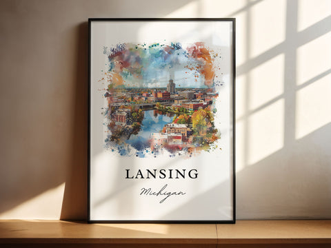 Lansing MI Wall Art, Lansing Print, Lansing Watercolor Art, Lansing Michigan Gift, Travel Print, Travel Poster, Housewarming Gift